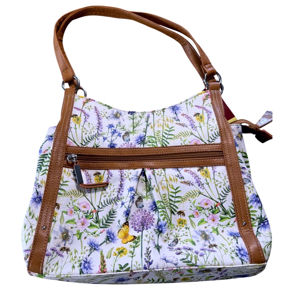 Koltov Floral Butterfly Bee Print Shoulder Bag White Brown Trim NWT